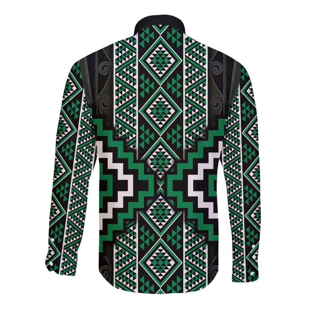 Jade Tukutuku Pattern Aotearoa Long Sleeve Button Shirt Niho Taniwha and Puhoro Motifs