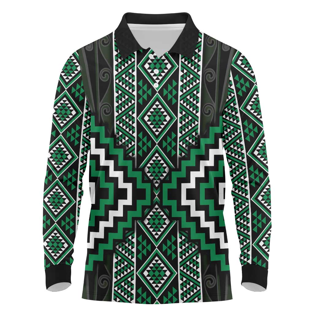 Jade Tukutuku Pattern Aotearoa Long Sleeve Polo Shirt Niho Taniwha and Puhoro Motifs LT7 Green - Polynesian Pride