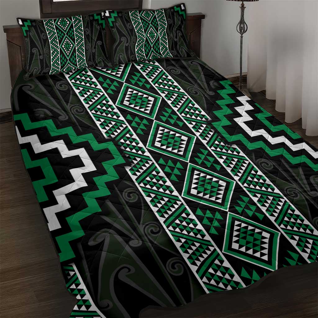 Jade Tukutuku Pattern Aotearoa Quilt Bed Set Niho Taniwha and Puhoro Motifs
