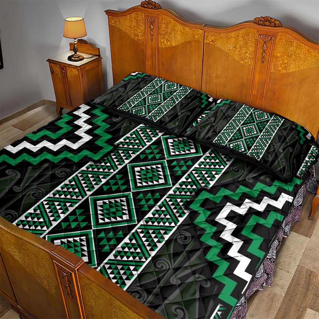Jade Tukutuku Pattern Aotearoa Quilt Bed Set Niho Taniwha and Puhoro Motifs