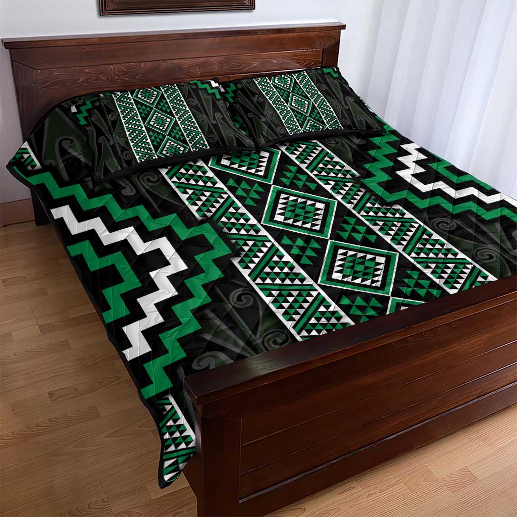 Jade Tukutuku Pattern Aotearoa Quilt Bed Set Niho Taniwha and Puhoro Motifs