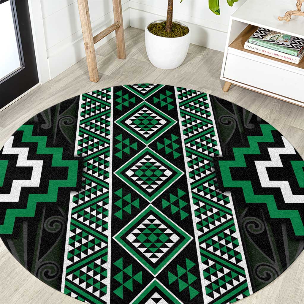 Jade Tukutuku Pattern Aotearoa Round Carpet Niho Taniwha and Puhoro Motifs LT7 Green - Polynesian Pride