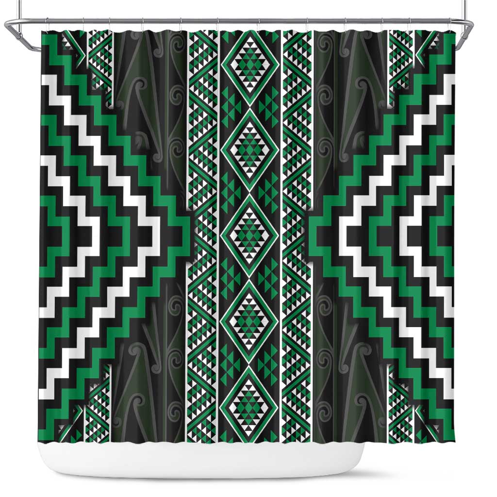 Jade Tukutuku Pattern Aotearoa Shower Curtain Niho Taniwha and Puhoro Motifs