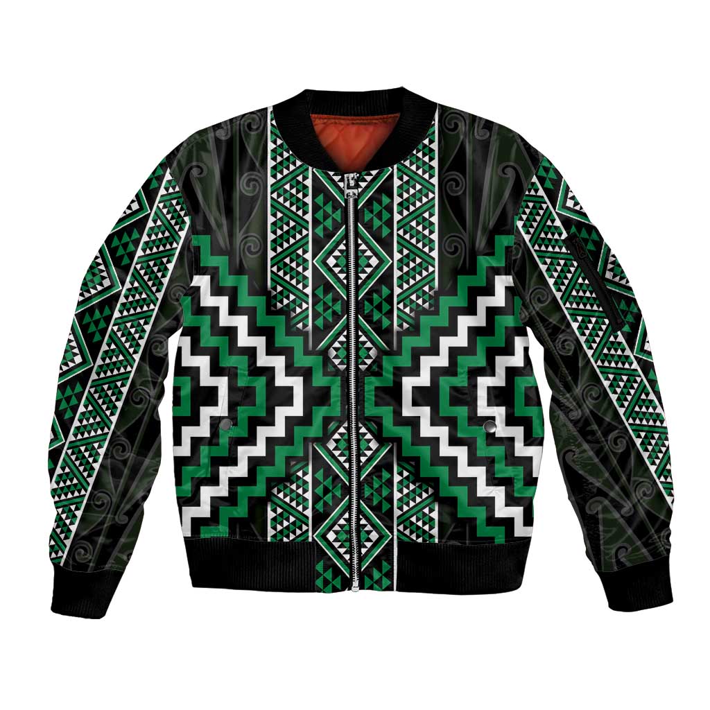 Jade Tukutuku Pattern Aotearoa Sleeve Zip Bomber Jacket Niho Taniwha and Puhoro Motifs