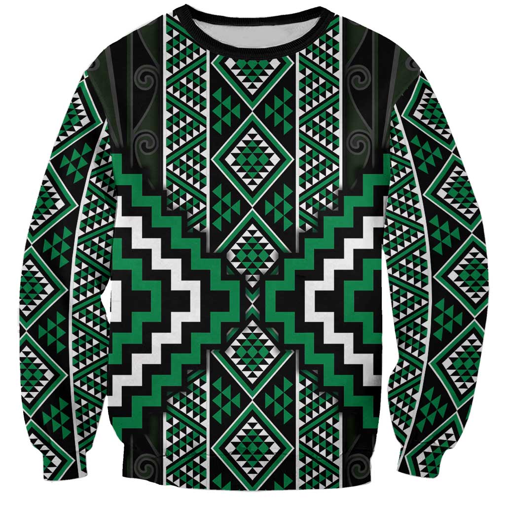 Jade Tukutuku Pattern Aotearoa Sweatshirt Niho Taniwha and Puhoro Motifs LT7 Unisex Green - Polynesian Pride
