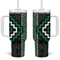 Jade Tukutuku Pattern Aotearoa Tumbler With Handle Niho Taniwha and Puhoro Motifs