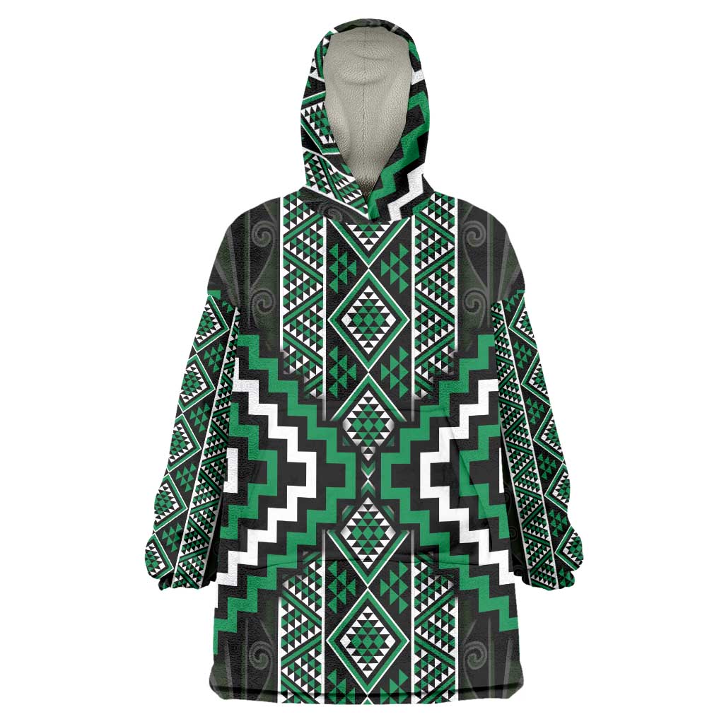 Jade Tukutuku Pattern Aotearoa Wearable Blanket Hoodie Niho Taniwha and Puhoro Motifs