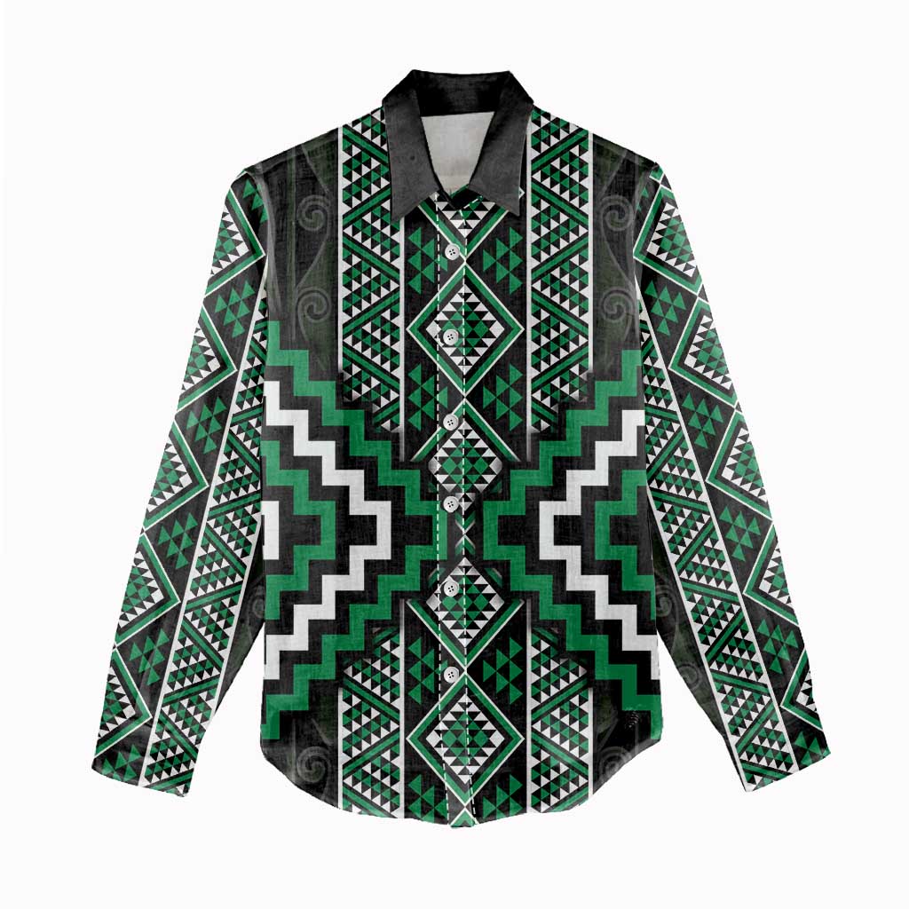 Jade Tukutuku Pattern Aotearoa Women Casual Shirt Niho Taniwha and Puhoro Motifs