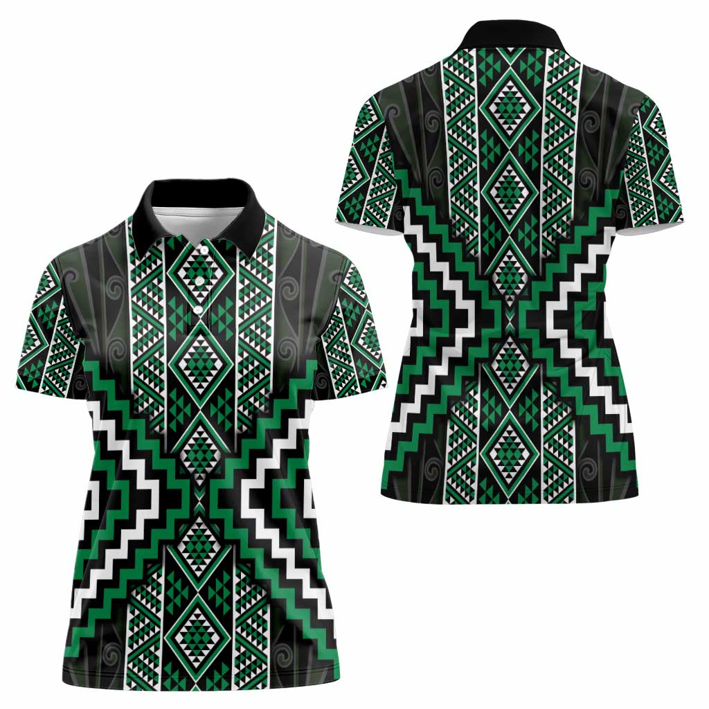 Jade Tukutuku Pattern Aotearoa Women Polo Shirt Niho Taniwha and Puhoro Motifs