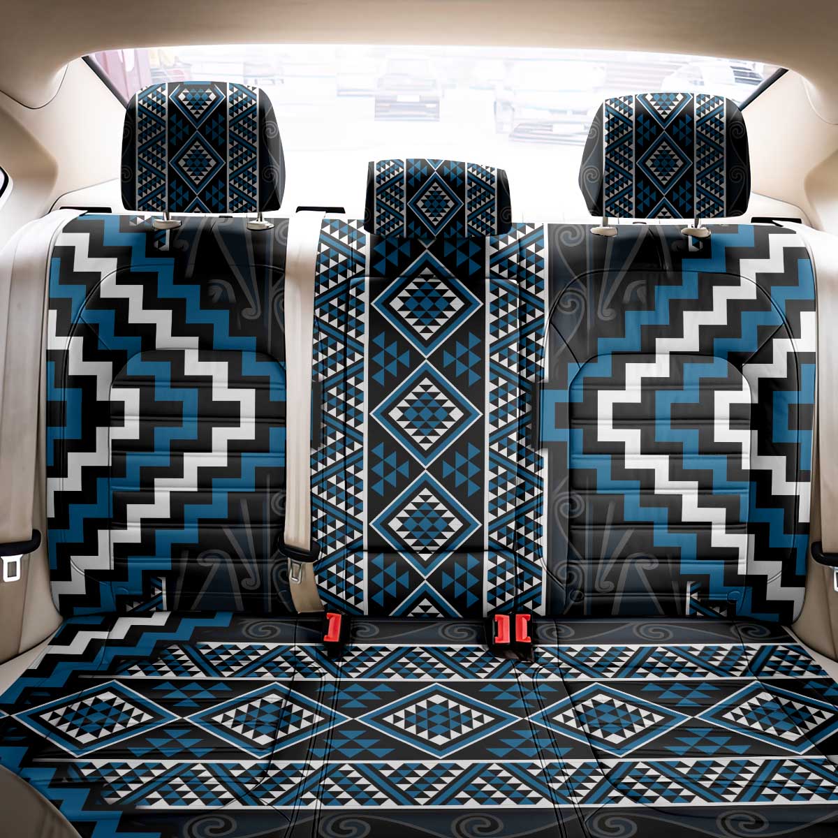 Azure Tukutuku Pattern Aotearoa Back Car Seat Cover Niho Taniwha and Puhoro Motifs