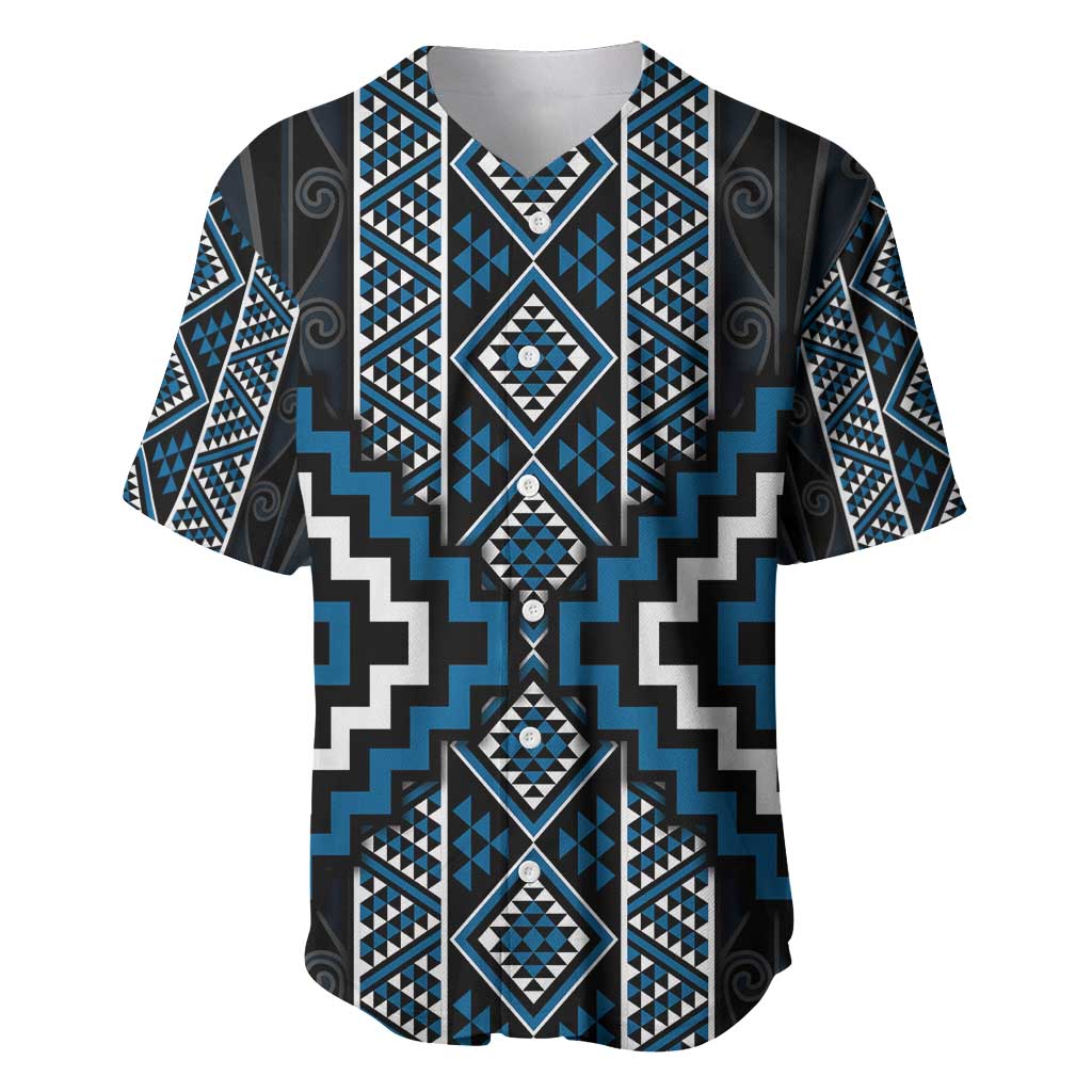 Azure Tukutuku Pattern Aotearoa Baseball Jersey Niho Taniwha and Puhoro Motifs LT7 Blue - Polynesian Pride