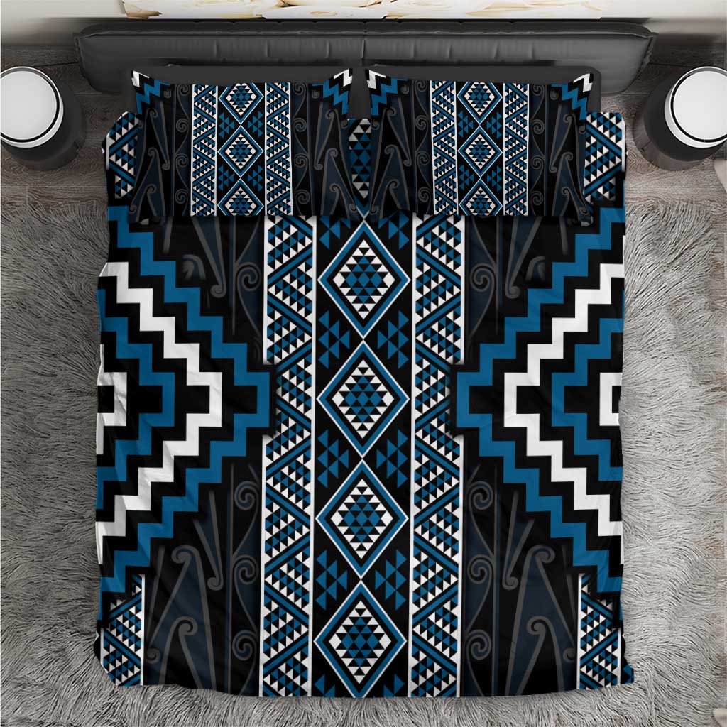 Azure Tukutuku Pattern Aotearoa Bedding Set Niho Taniwha and Puhoro Motifs