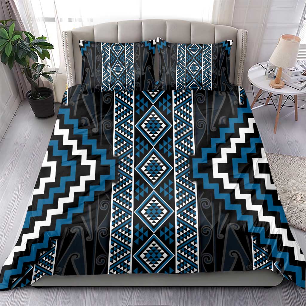 Azure Tukutuku Pattern Aotearoa Bedding Set Niho Taniwha and Puhoro Motifs
