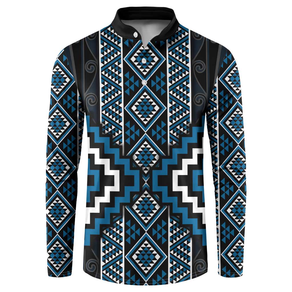 Azure Tukutuku Pattern Aotearoa Button Sweatshirt Niho Taniwha and Puhoro Motifs