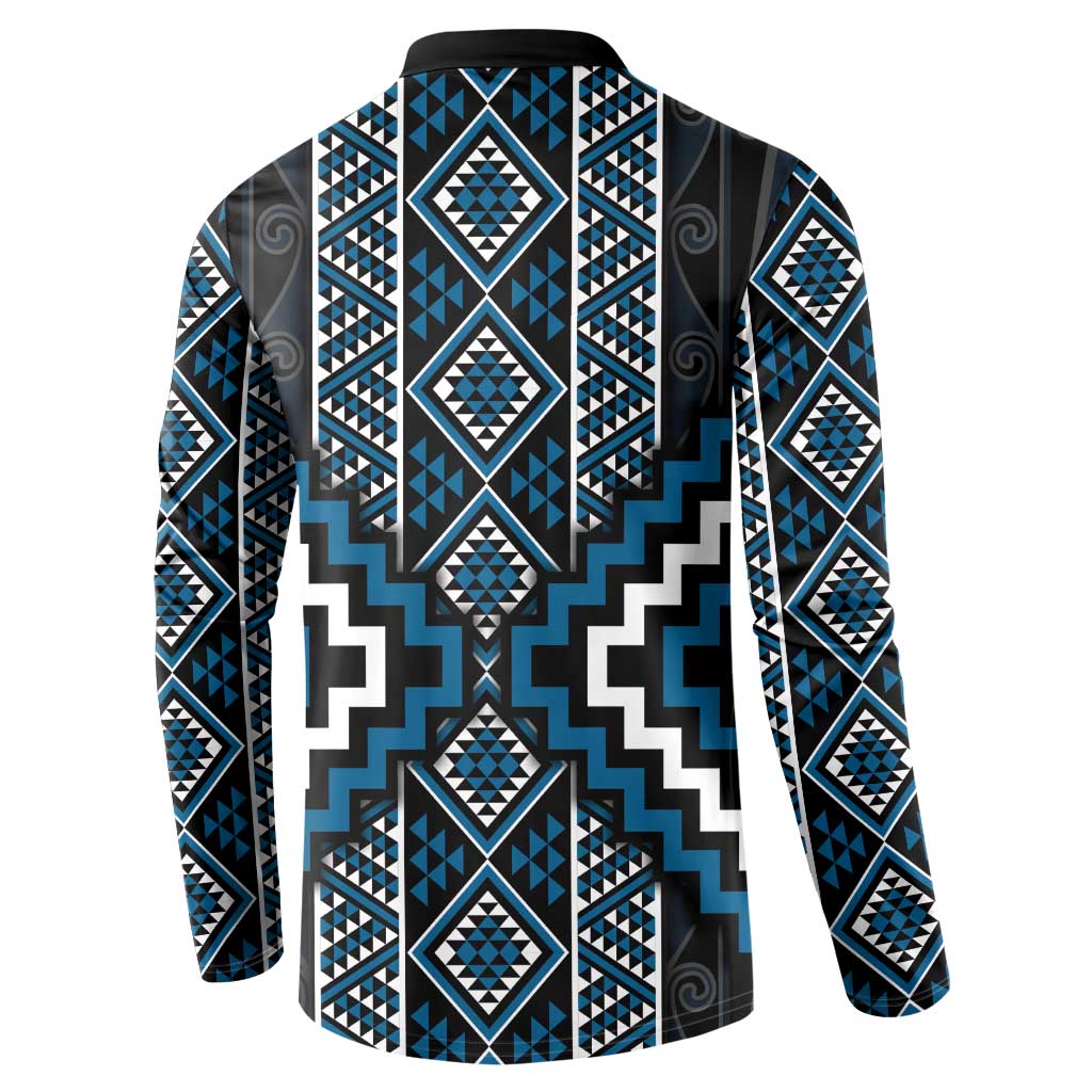 Azure Tukutuku Pattern Aotearoa Button Sweatshirt Niho Taniwha and Puhoro Motifs