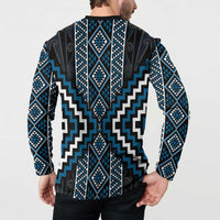 Azure Tukutuku Pattern Aotearoa Button Sweatshirt Niho Taniwha and Puhoro Motifs