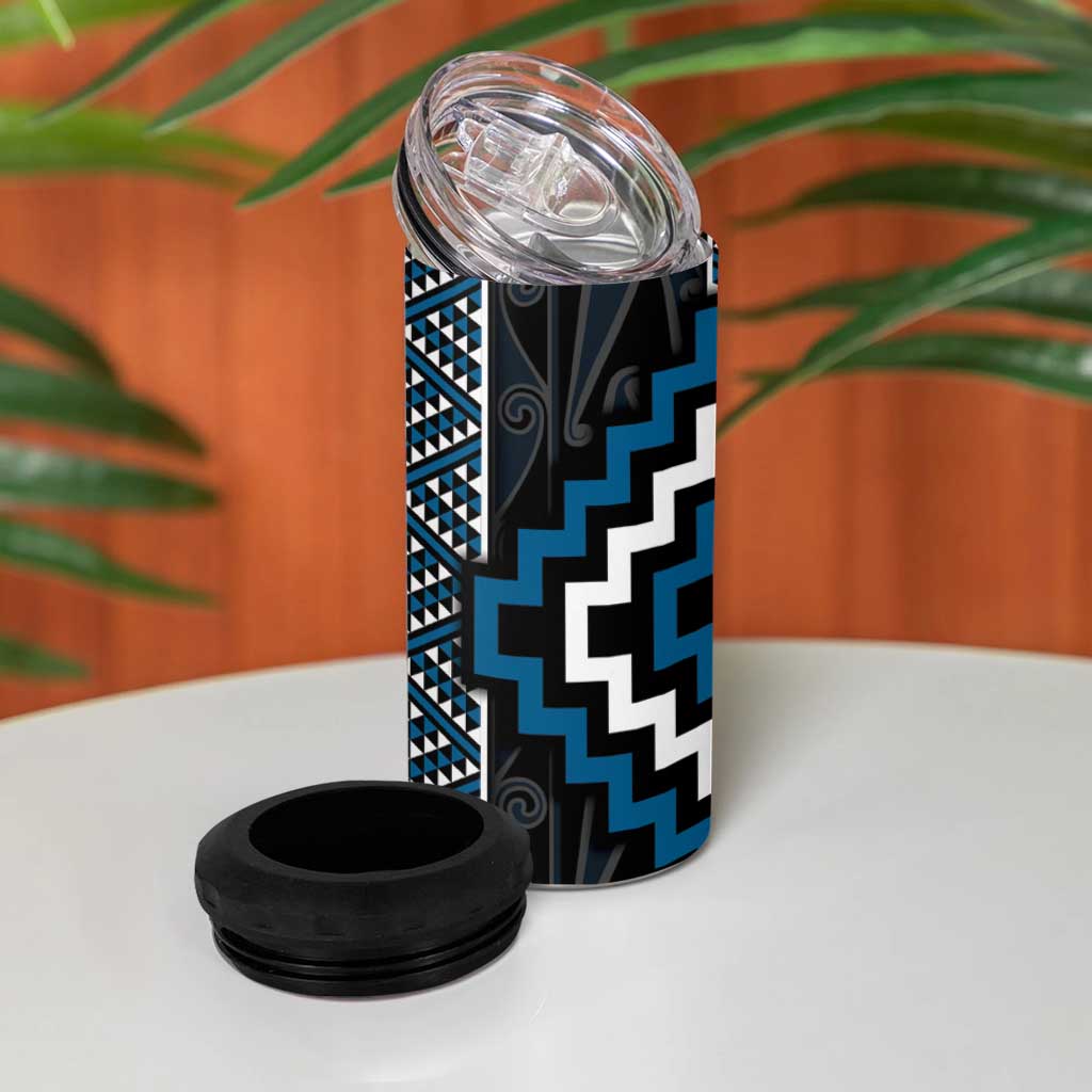 Azure Tukutuku Pattern Aotearoa 4 in 1 Can Cooler Tumbler Niho Taniwha and Puhoro Motifs