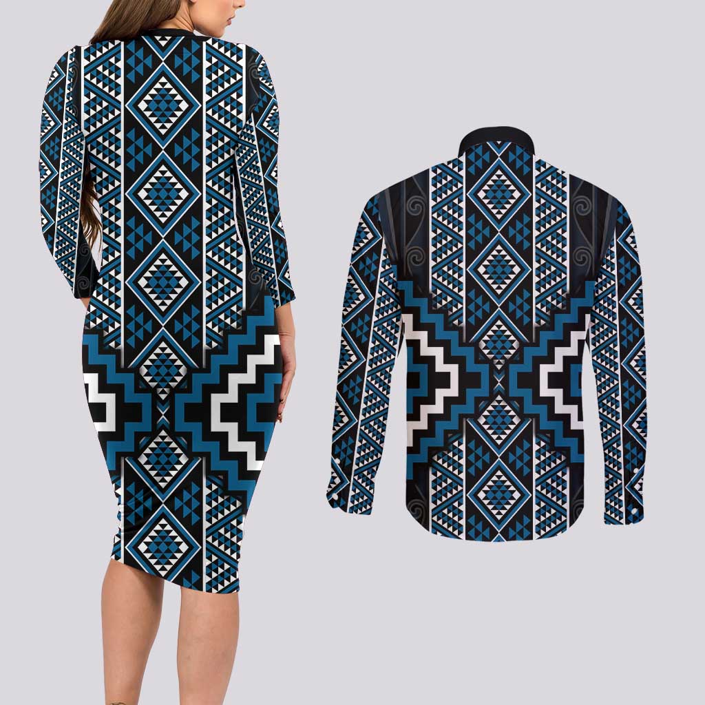 Azure Tukutuku Pattern Aotearoa Couples Matching Long Sleeve Bodycon Dress and Long Sleeve Button Shirt Niho Taniwha and Puhoro Motifs