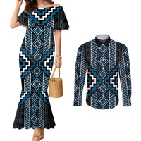 Azure Tukutuku Pattern Aotearoa Couples Matching Mermaid Dress and Long Sleeve Button Shirt Niho Taniwha and Puhoro Motifs