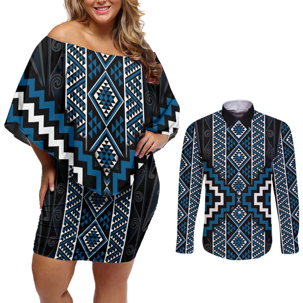Azure Tukutuku Pattern Aotearoa Couples Matching Off Shoulder Short Dress and Long Sleeve Button Shirt Niho Taniwha and Puhoro Motifs