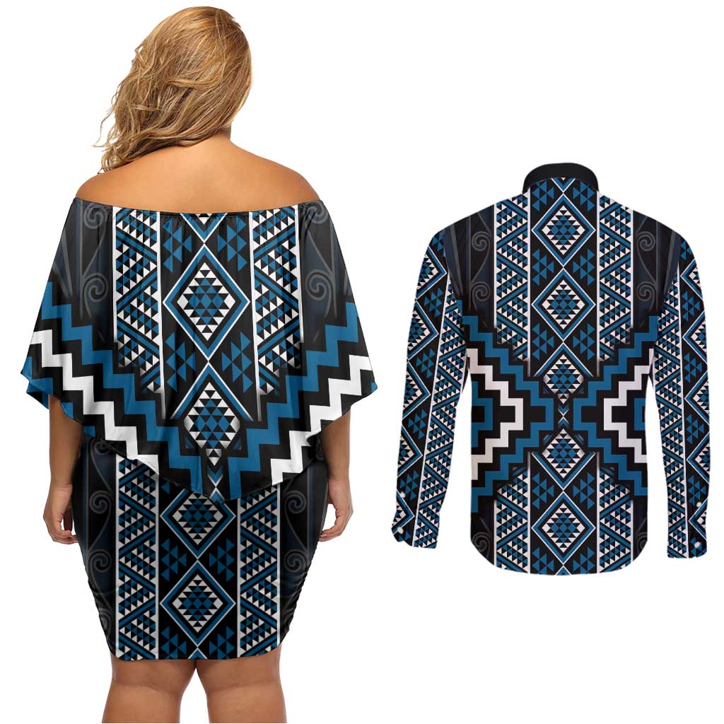 Azure Tukutuku Pattern Aotearoa Couples Matching Off Shoulder Short Dress and Long Sleeve Button Shirt Niho Taniwha and Puhoro Motifs