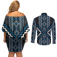 Azure Tukutuku Pattern Aotearoa Couples Matching Off Shoulder Short Dress and Long Sleeve Button Shirt Niho Taniwha and Puhoro Motifs