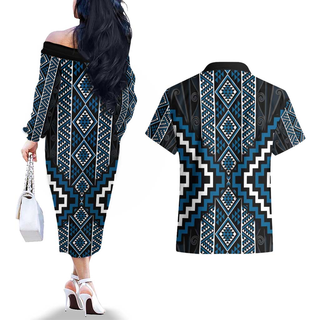 Azure Tukutuku Pattern Aotearoa Couples Matching Off The Shoulder Long Sleeve Dress and Hawaiian Shirt Niho Taniwha and Puhoro Motifs
