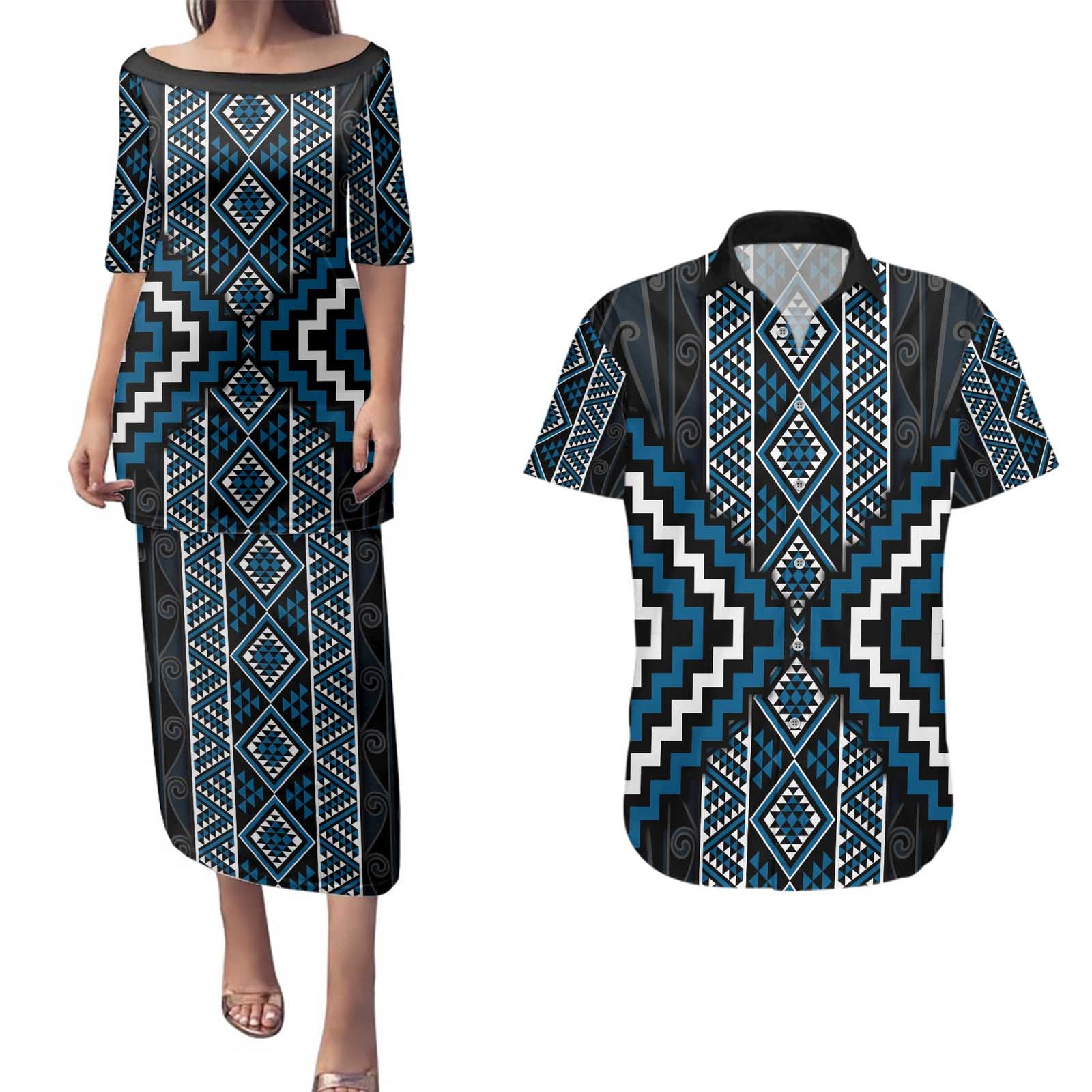 Azure Tukutuku Pattern Aotearoa Couples Matching Puletasi and Hawaiian Shirt Niho Taniwha and Puhoro Motifs LT7 Blue - Polynesian Pride