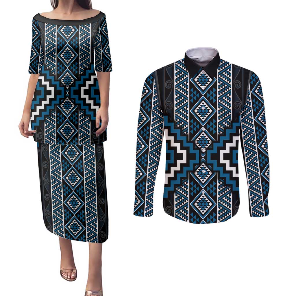 Azure Tukutuku Pattern Aotearoa Couples Matching Puletasi and Long Sleeve Button Shirt Niho Taniwha and Puhoro Motifs