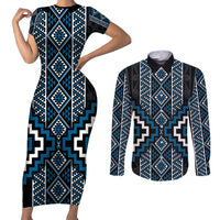 Azure Tukutuku Pattern Aotearoa Couples Matching Short Sleeve Bodycon Dress and Long Sleeve Button Shirt Niho Taniwha and Puhoro Motifs