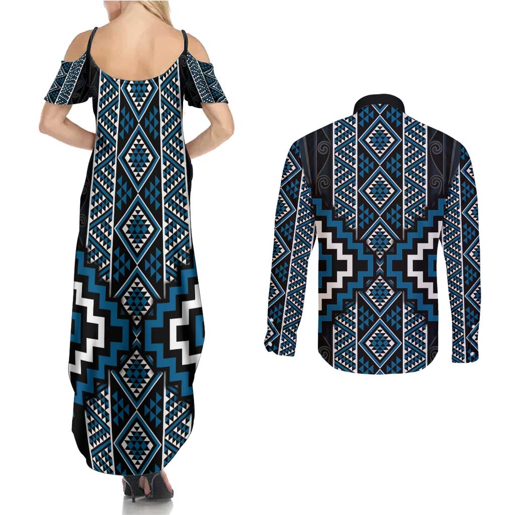 Azure Tukutuku Pattern Aotearoa Couples Matching Summer Maxi Dress and Long Sleeve Button Shirt Niho Taniwha and Puhoro Motifs