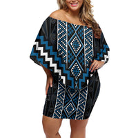 Azure Tukutuku Pattern Aotearoa Family Matching Off Shoulder Short Dress and Hawaiian Shirt Niho Taniwha and Puhoro Motifs