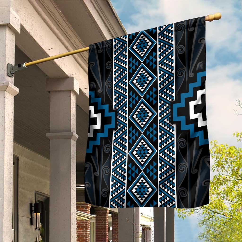 Azure Tukutuku Pattern Aotearoa Garden Flag Niho Taniwha and Puhoro Motifs LT7 House Flag Blue - Polynesian Pride