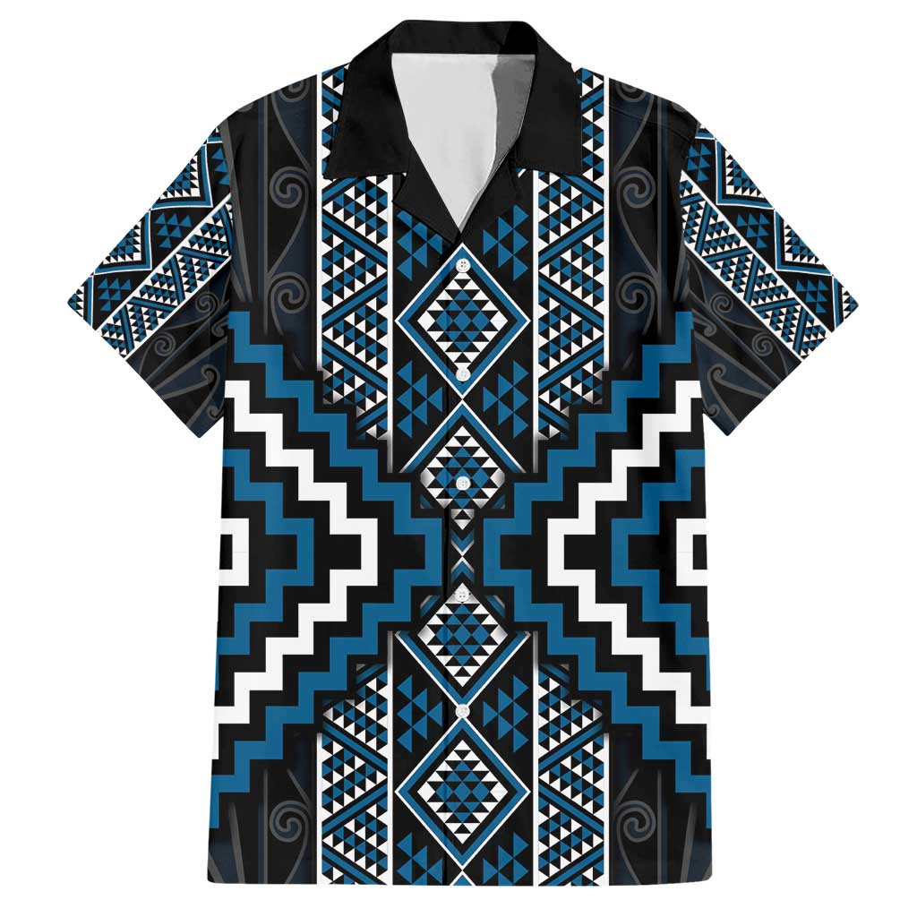 Azure Tukutuku Pattern Aotearoa Hawaiian Shirt Niho Taniwha and Puhoro Motifs
