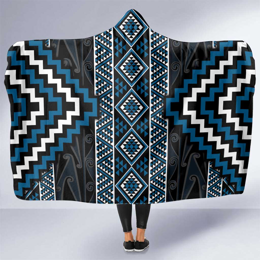 Azure Tukutuku Pattern Aotearoa Hooded Blanket Niho Taniwha and Puhoro Motifs LT7 One Size Blue - Polynesian Pride