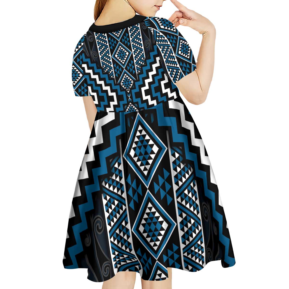 Azure Tukutuku Pattern Aotearoa Kid Short Sleeve Dress Niho Taniwha and Puhoro Motifs