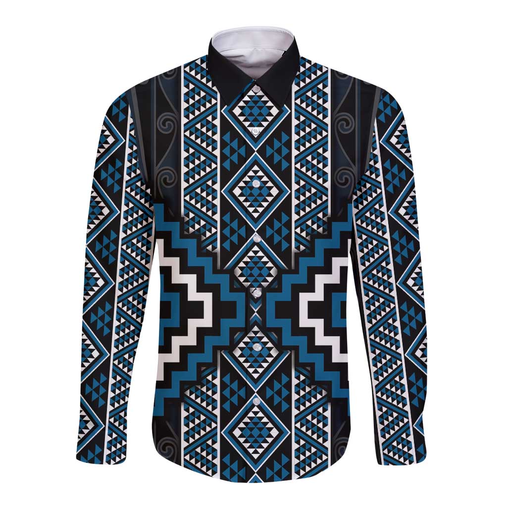 Azure Tukutuku Pattern Aotearoa Long Sleeve Button Shirt Niho Taniwha and Puhoro Motifs