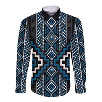 Azure Tukutuku Pattern Aotearoa Long Sleeve Button Shirt Niho Taniwha and Puhoro Motifs