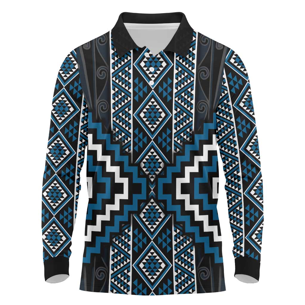 Azure Tukutuku Pattern Aotearoa Long Sleeve Polo Shirt Niho Taniwha and Puhoro Motifs LT7 Blue - Polynesian Pride