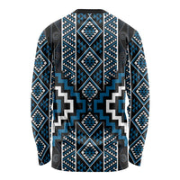 Azure Tukutuku Pattern Aotearoa Long Sleeve Shirt Niho Taniwha and Puhoro Motifs