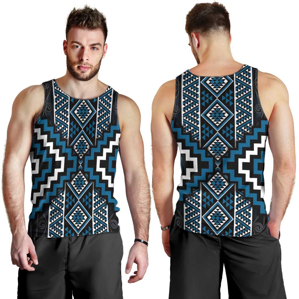 Azure Tukutuku Pattern Aotearoa Men Tank Top Niho Taniwha and Puhoro Motifs
