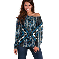 Azure Tukutuku Pattern Aotearoa Off Shoulder Sweater Niho Taniwha and Puhoro Motifs
