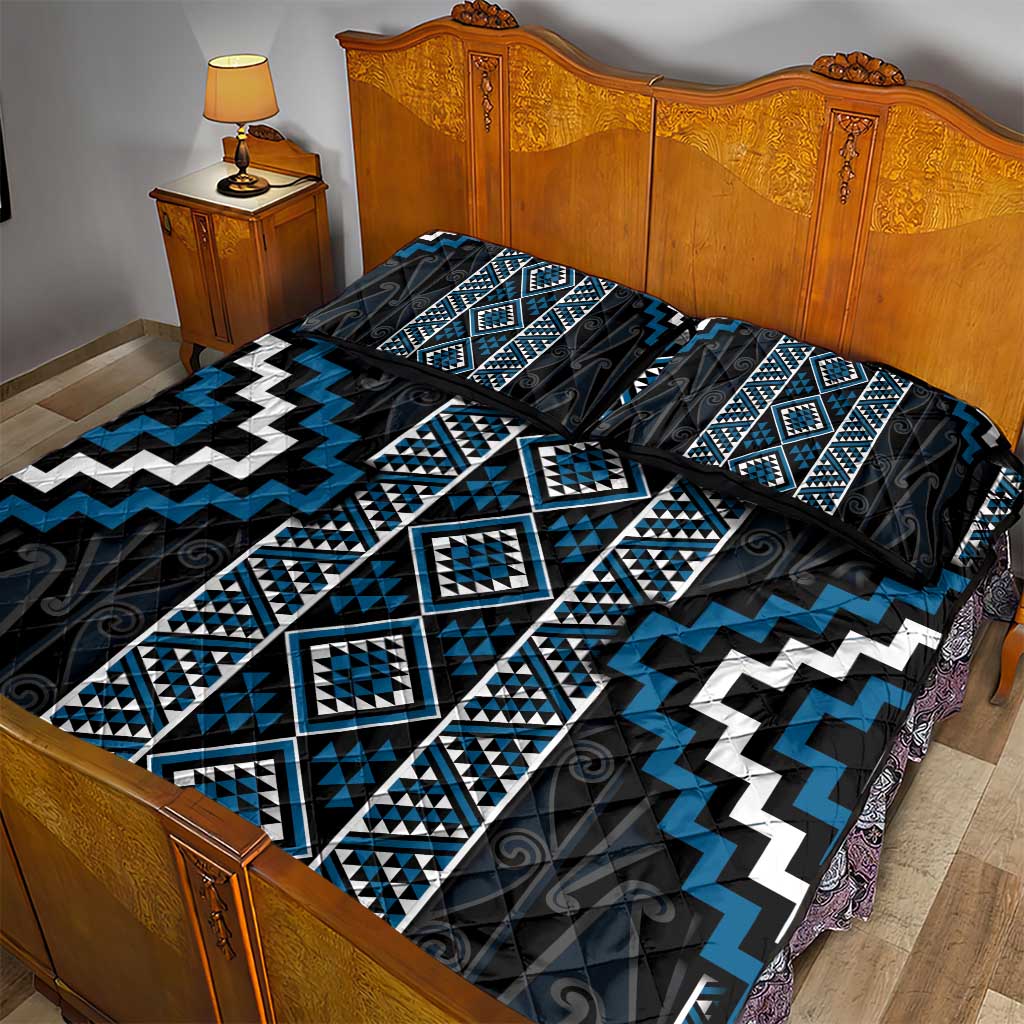 Azure Tukutuku Pattern Aotearoa Quilt Bed Set Niho Taniwha and Puhoro Motifs
