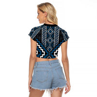 Azure Tukutuku Pattern Aotearoa Raglan Cropped T Shirt Niho Taniwha and Puhoro Motifs