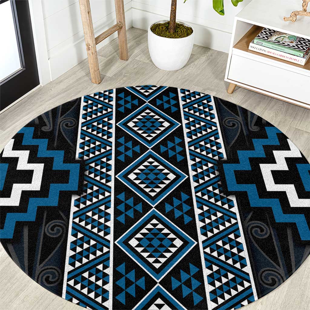 Azure Tukutuku Pattern Aotearoa Round Carpet Niho Taniwha and Puhoro Motifs LT7 Blue - Polynesian Pride