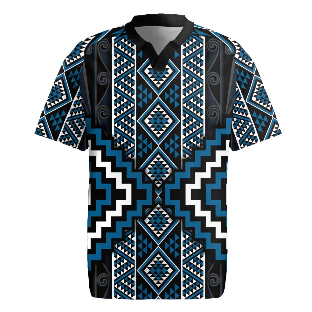 Azure Tukutuku Pattern Aotearoa Rugby Jersey Niho Taniwha and Puhoro Motifs