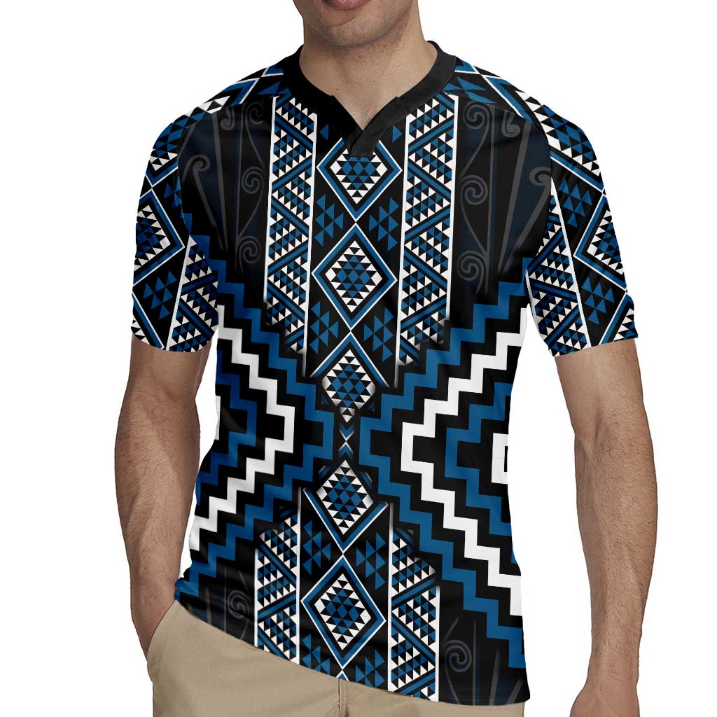 Azure Tukutuku Pattern Aotearoa Rugby Jersey Niho Taniwha and Puhoro Motifs