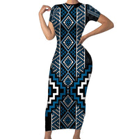 Azure Tukutuku Pattern Aotearoa Short Sleeve Bodycon Dress Niho Taniwha and Puhoro Motifs