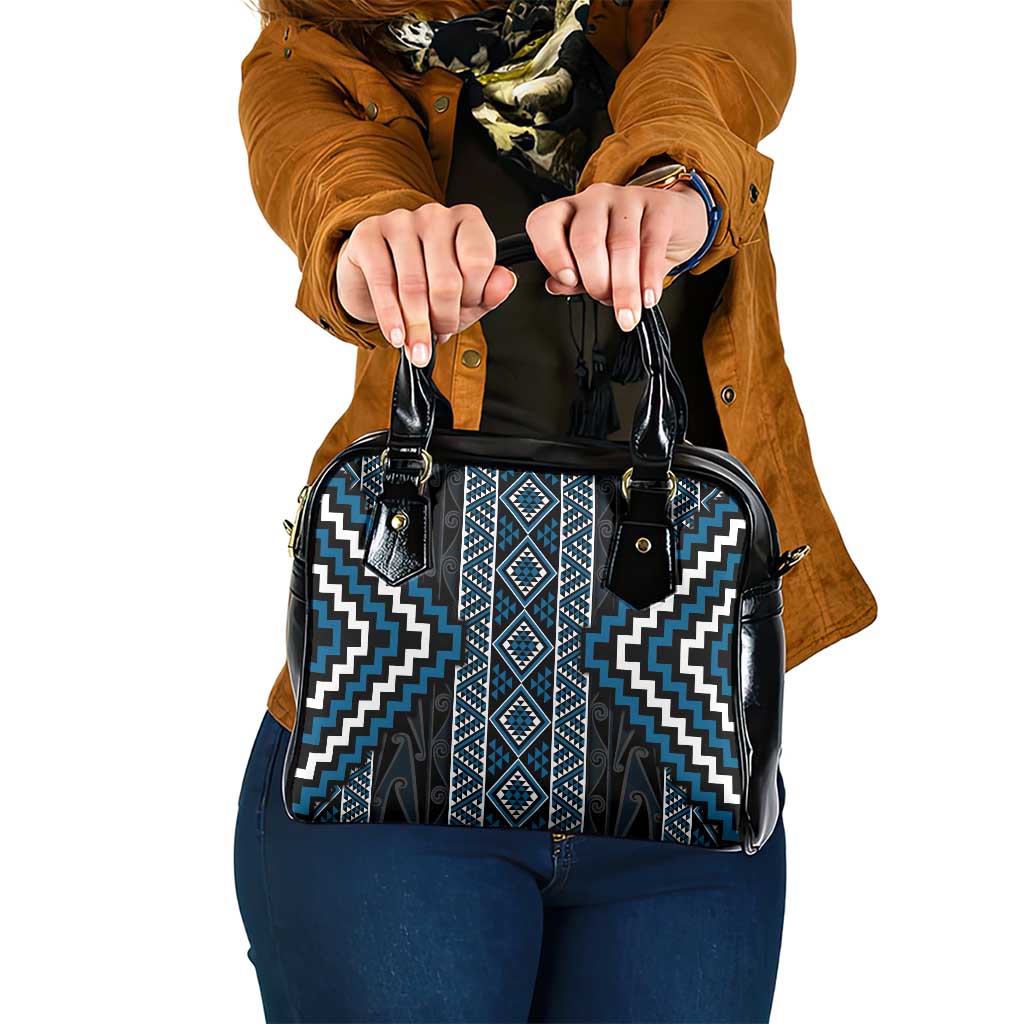 Azure Tukutuku Pattern Aotearoa Shoulder Handbag Niho Taniwha and Puhoro Motifs