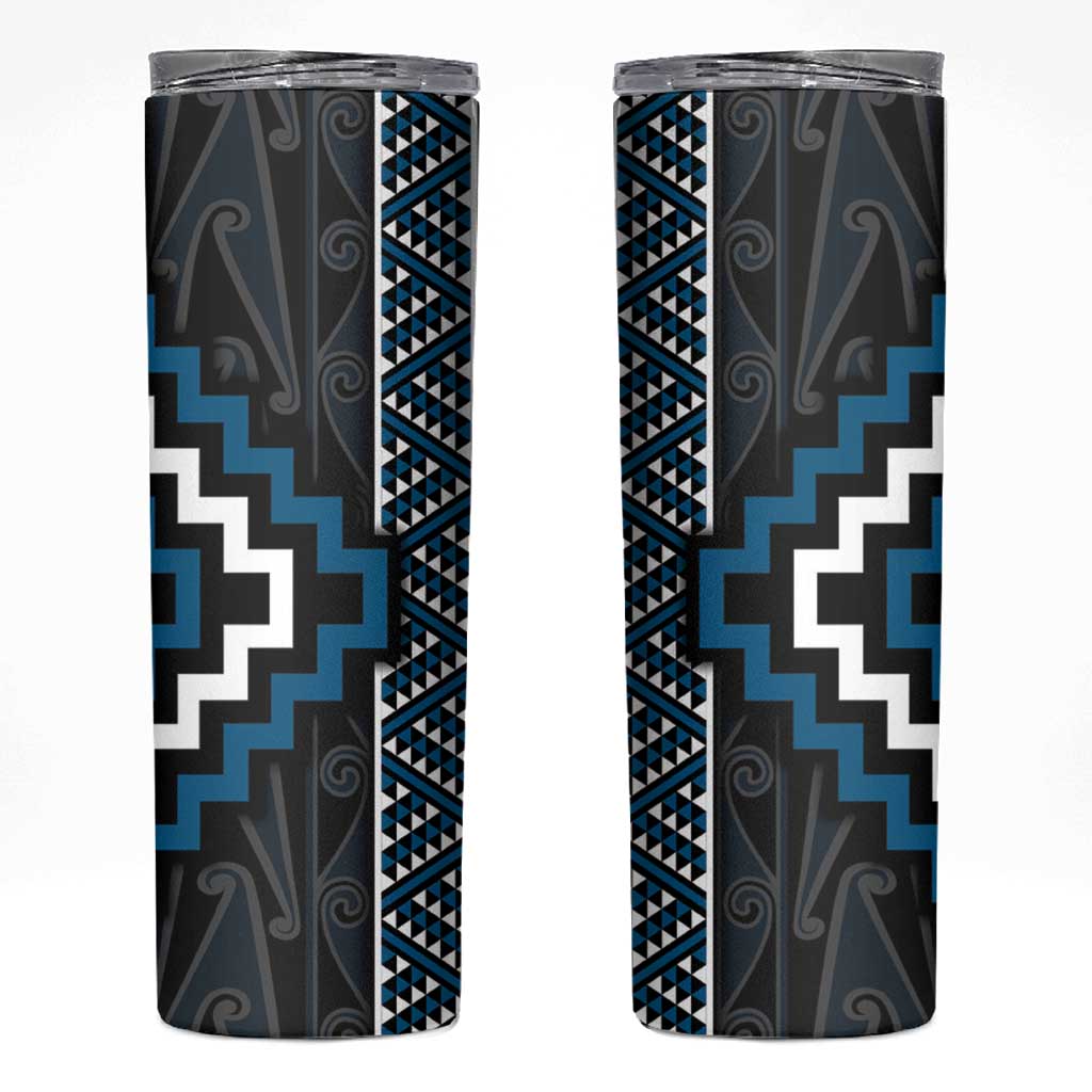 Azure Tukutuku Pattern Aotearoa Skinny Tumbler Niho Taniwha and Puhoro Motifs